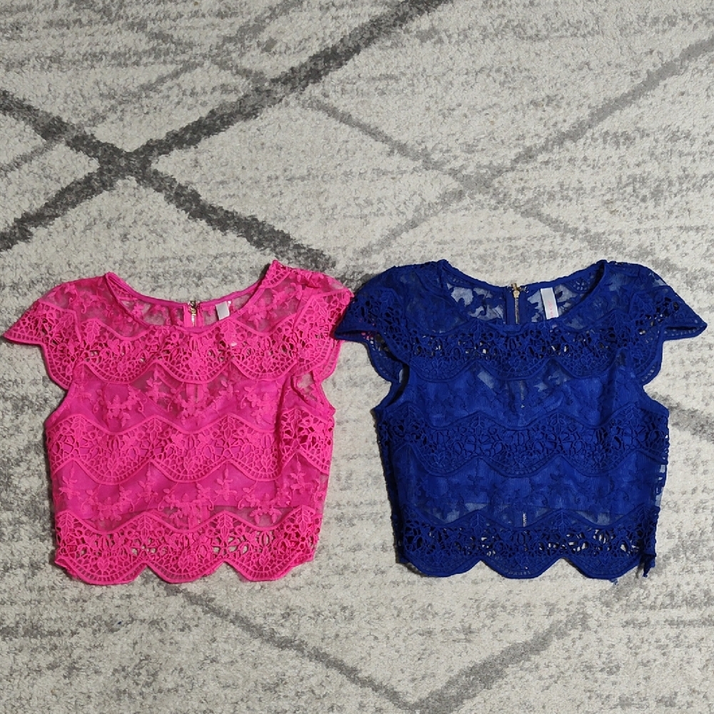 Vibrant Lace Crop Top Set - Pink and Blue, Size S
